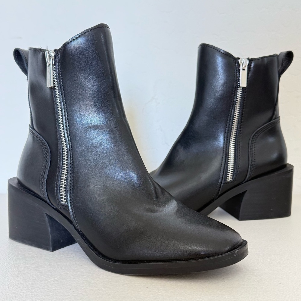 NEW STEVE MADDEN Ruthy Black Leather Block Heel Double Zippered Boot Size 7